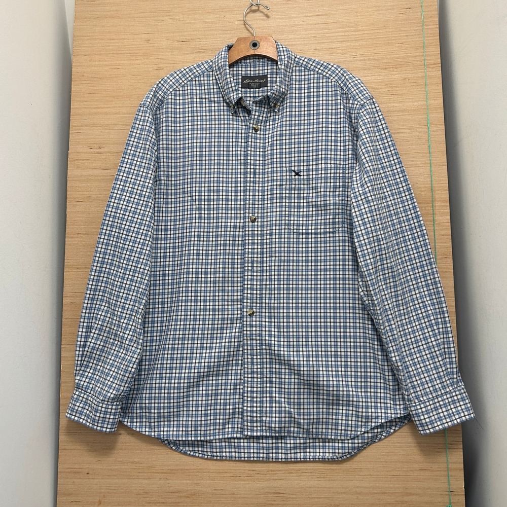 Eddie Bauer Mens Large Blue White Plaid Cotton Long Sleeve Button Down Shirt